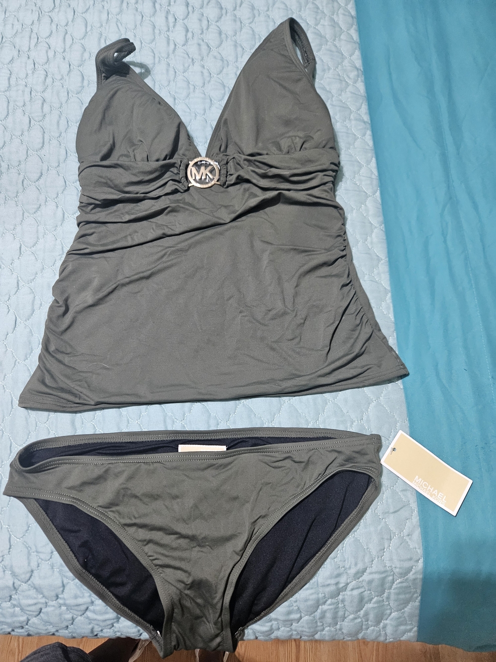 Michael Kors Olive Green Two-Piece Tankini with MK Ring Accent